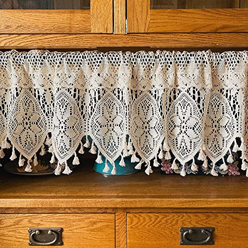 Ricemru Häkelborte Scheibengardine Kurzstore Landhausstil Vintage Gehäkelt Mandala Romantisch Bistrogardine Küche Kurz Halb Gardinen Fenster Türvorhang mit Quaste,120x68cm