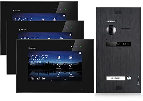 Balter EVO Video Türsprechanlage, Touchscreen, 7 Zoll Monitor Schwarz, 2-Draht Bus, Schwarze Türstation für 1 Familienhaus Türklingel, 150° Weitwinkel-Kamera (3 Monitore, Ohne App)