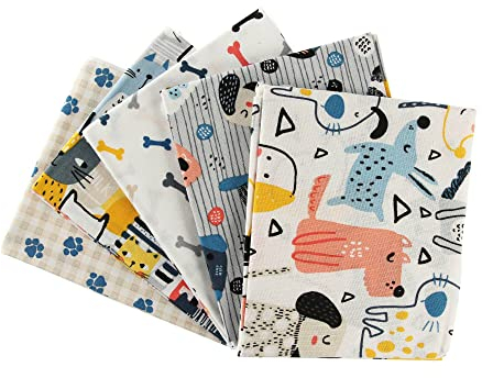 Fabric Palette Haustier-Baumwollstoff, Fat Quarters, 45,7 x 53,3 cm, 100 % Baumwolle, ideal zum Basteln, Quilten, Patchwork, Kinderzimmer), Grau, Weiß, Hellbraun, mehrfarbig, 5 Stück
