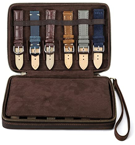 CONTACTS Uhrenarmbandbox aus echtem Leder, mit Reißverschluss, Organizer für 12 Uhrenarmbänder, Reisetasche, kompatibel mit allen Serien von Apple Watch-Armbändern und Zubehör