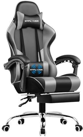 GTPLAYER Silla ergonómica para Juegos, Silla de Oficina, Silla de Juegos, Silla de Gaming con Respaldo de 135 Grados, Altura Ajustable, Patas retráctiles, Asiento para Juegos, Cuero Gris