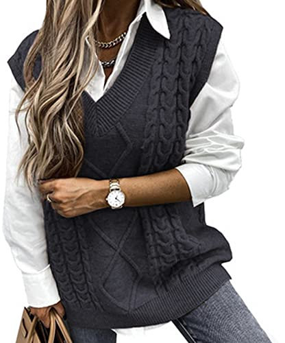 Niwicee Sweater Vest Knitted Sleeveless Jumpers Tank Top Streetwear Knitwear Plaid Pullovers Sweatshirts Oversized V Neck Cable Knit Vintage Stylish Spring Autumn Winter Chunky Women(Dark Grey,XL)