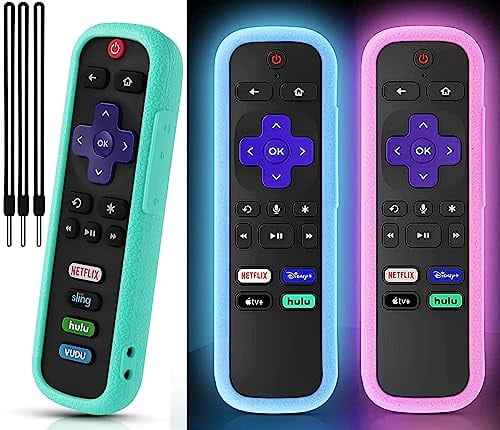 3 Stück Fernbedienung Cover für Roku, Die Fernbedienung Hülle kompatibel mit Roku Voice Remote Offiziell, Silikon Universal Schutzhülle für Roku TV Fernbedienung Glow in the Dark Pink Blau