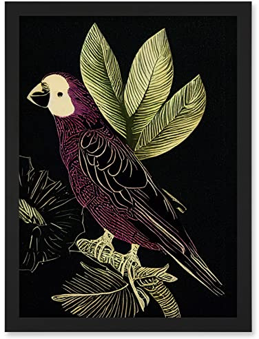 Wee Blue Coo Burgundy Parrot Leaves Tree Branch on Black Vintage Linocut Illustration Artwork Framed Wall Art Print A4