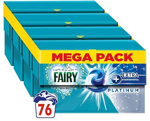 Fairy Non Bio PODS Washing Liquid Laundry Capsules 76 Washes (4x19) , Platinum, With Extra Stain Removal & Brighter Whites, For Sensitive Skin