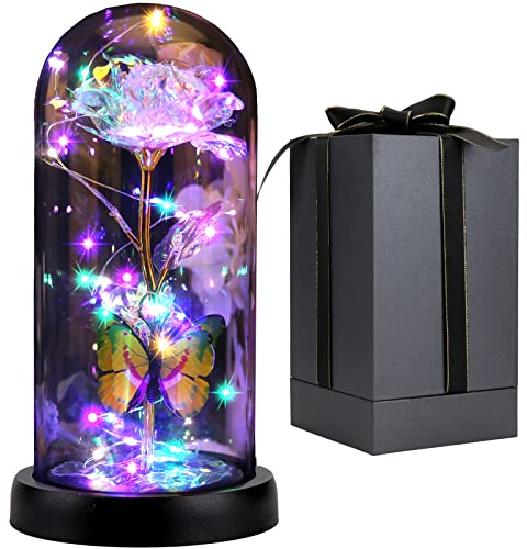 FAYODO Die Schöne und das Biest Ewige Rose, Blumen Geschenke für Frauen, Rose in Einer Glaskuppel mit LED Licht Holzsockel für Freundin Frau am Weihnachten Muttertag Geburtstag Valentinstag Jahrestag