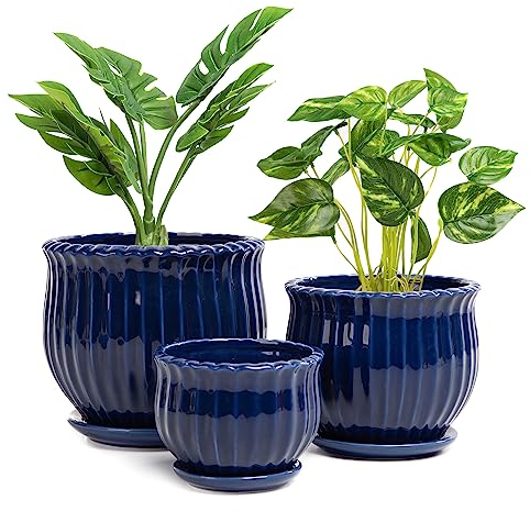 Nattol Lot de 3 Pots de Fleurs en céramique avec Trou de Drainage et Soucoupe, Pots de Fleurs Ronds Modernes en céramique avec Texture à Rayures, Taille S à M, Bleu Marine