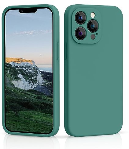 CALOOP Slim-Fit for iPhone 13 Pro Max Case,Sturdy Shockproof Hard Frame Cover with Anti-Scratch Microfiber Lining,Skin Soft Liquid Silicone,Full Protection for Screen and Camera Lens(Pine Green)