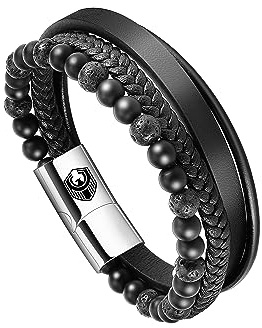 SHIEAGLELD Bracciale Uomo Pelle Classico Cuoio Braccialetto Uomo con Calamita Fibbia in Acciaio Inossidabile ed Esclusivo Portagioie per Braccialetti l'idea di Regali