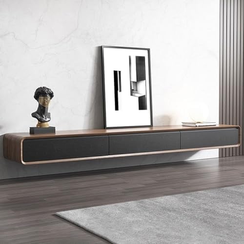 POVISON moderner TV-Schrank 200cm, Fernsehtisch aus Holz,lowline Medienkonsole mit 4 Schubladen,offener Stauschrank, Walnussfurnier,schwarz,komplett montiert