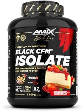 Amix | Proteína BLACK CFM ISOLATE - Ayuda a Mantener la Masa Muscular - Con Enzimas Digestivas - Fácil Digestión - Rápida Absorción - Proteína en Polvo - 2 Kg - Sabor Fresa-tarta de queso