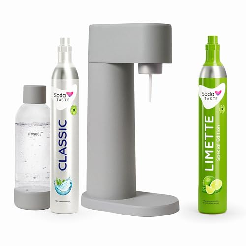 Sparpaket: Mysoda Woody - Wassersprudler aus erneuerbarem Holzkomposit mit 1L BPA-freier Plastikflasche, CO2-Zylinder Classic + CO2-Zylinder Limette (Grau)