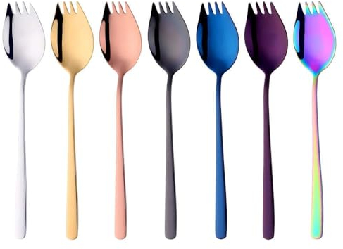 Tenedor de acero inoxidable Sporks largo de 21,5 cm, tenedor de colores, 7 unidades, tenedor de ensalada 2 en 1, tenedores de mesa, cucharas de sopa, mango largo para llevar, camping, exterior picnic
