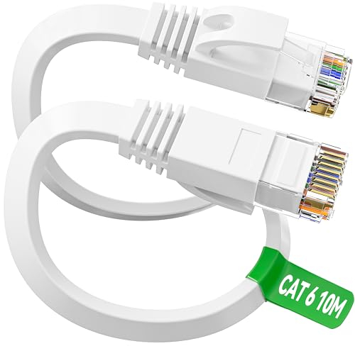 Cable Ethernet 10 metros, Cat 6 Cable de Red 10 metros Alta Velocidad, Plano Blanco Cable Internet Gigabit Cable RJ45 10m Interior Cable LAN, UTP Cable Patch para Rúter Switch Módem PC (10 Clips)