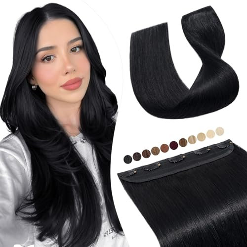 Elailite Extensions Echthaar Clip in #1 Schwarz, 20cm Glatt Clip in Haarverlanagerung Echthaar 1 Tresse 40g