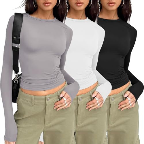 Black Friday Angebote 2024 Ab Wann 3Er Pack Skims Dupe Longsleeve Damen Basic Shirt Y2K Top 3Er Pack Tshirt Damen Langarm Y2K Oberteil Pumey Longsleeve Basic Top Yk2 Hellblau(A07,M)