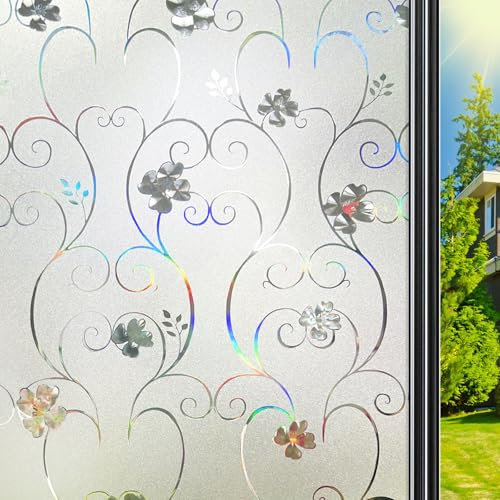 Qualsen Film Fenêtre Anti Regard 3D Effet Arc-en-Ciel 30x200cm, Motif Floral Film Occultant Fenêtre Décoratif Brise Vue Fenêtre Anti UV Electrostatique Vitrail Film pour Vitre pour Maison, Bureau