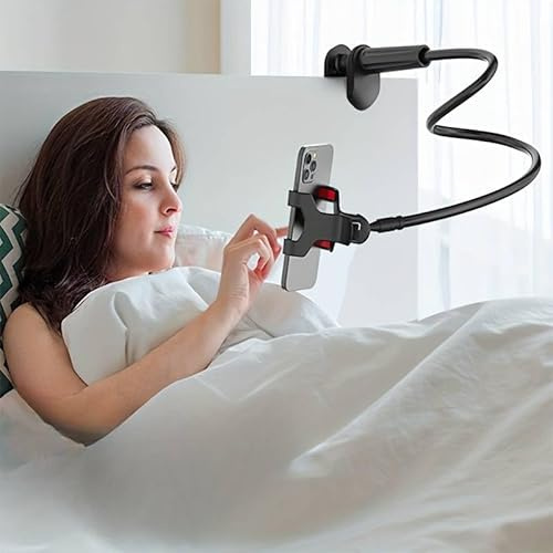1pc Cell Phone Clip On Stand Holder with Grip. Flexible Long Arm Gooseneck Lazy Bracket Mount Clamp For iPhone 14 Pro Max, 12, 13, 11 Pro, XS, XR, X, 8, 7, 6, Samsung S10, S9 (Black)
