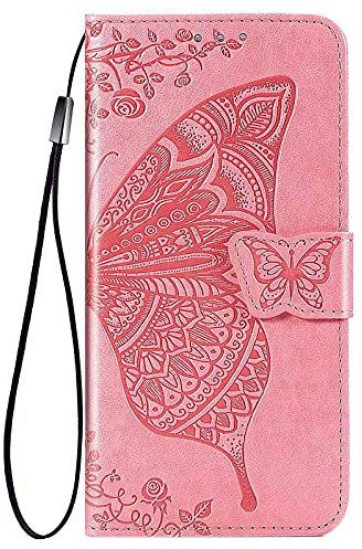 HAOYE Cover per ZTE Blade A34 Cover, Custodia Chiusura Magnetica Flip Case Stile, Pelle PU/TPU Farfalla Sbalzato con Supporto di Stand/Carte Slot. rosa