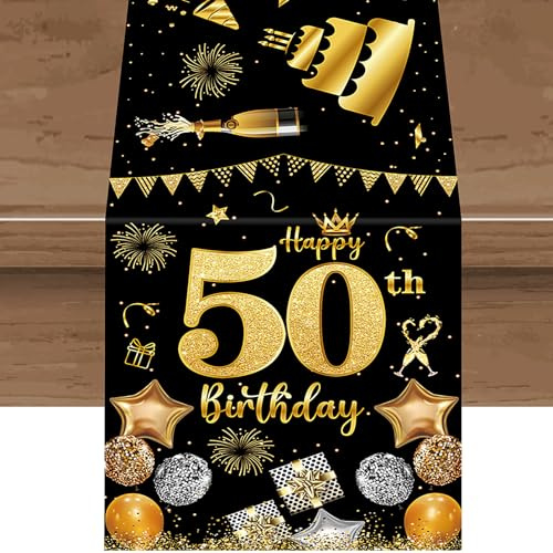Tischläufer 50 Geburtstag Mann Frauen Schwarz Gold Happy 50th Birthday Tischband Leinen 50.Tischdeko Feier Party Tuch Männer Dinner Tisch Tischdecke Deko Dekoration für Zuhause Küche Draußen Drinnen