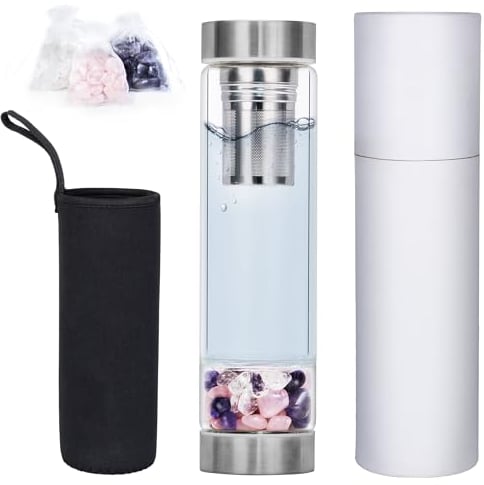 DiDiBirDi 500ml Crystal Water Bottle,Amethyst, Rose Quartz Stones,White Crystal