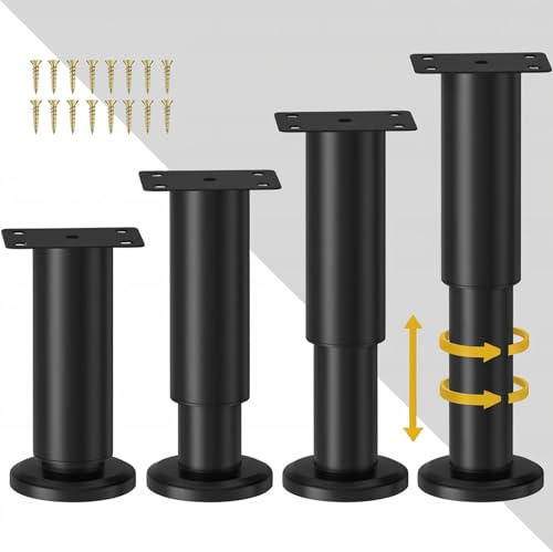 TELANKS 4er Set Möbelfüße Höhenverstellbar, Möbelfüße Verstellbar 12-18cm, Schwarz Metall Möbelbeine, Verstellbare Füße für Möbel Sofa Bett Nachttisch Schrank Kabinett (4, 12-18cm)