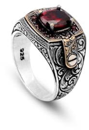 Jewellery Pit - Bague Hommes en Argent Sterling 925 avec Pierre Grenat et Anneau Rose - Style Ottoman, Bague de Fiançailles Polie, Fait Main, Incluant Chiffon de Nettoyage en Argent (58)