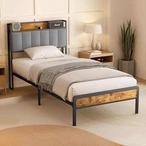 Bealife Polsterbett, Holzbett mit Metallbettgestell, gepolstertes Podest, Doppelbett mit Holzlattenrost, Stützkopfteil, Bettrahmen (Grau, 90 x 200 cm)
