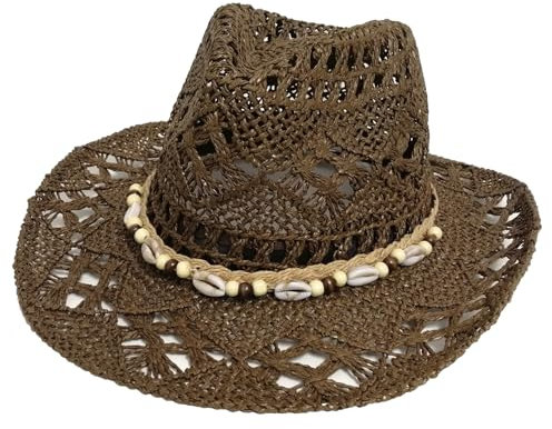 Lifup Chapeau Cowboy Western Femme Homme Chapeau Shapeable Chapeau de Cowboy de Paille Large Bord Chapeau de Soleil Marron