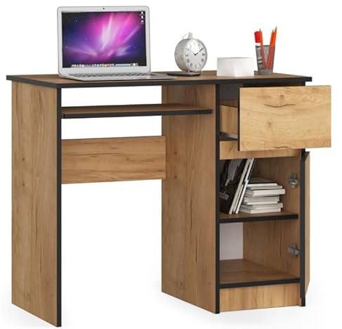 BDW - Escritorio para Ordenador con 1 cajón, 1 Armario y un cajón de Teclado extraíble. Escritorio para Ordenador de sobremesa o portátil, 90 x 77 x 50 cm