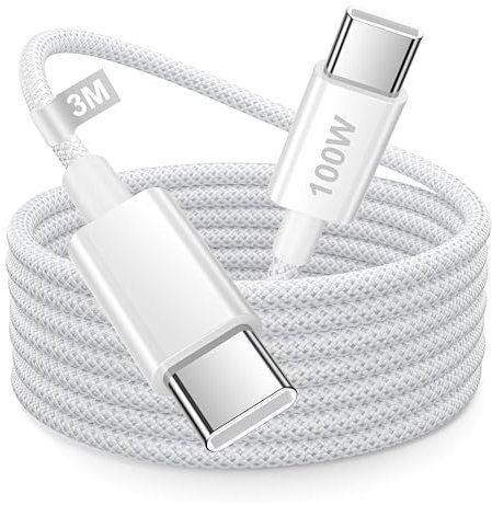 Cable USB C Carga Rapida 100W 3M, Cable USB C a USB C Nylon Cable Carga Rapida Tipo C Cable Cargador para iPhone 15 16 Pro Max/Plus,iPad Pro/Air,MacBook Air/Pro,Samsung Galaxy S25 S24 S23 S22,Xiaomi