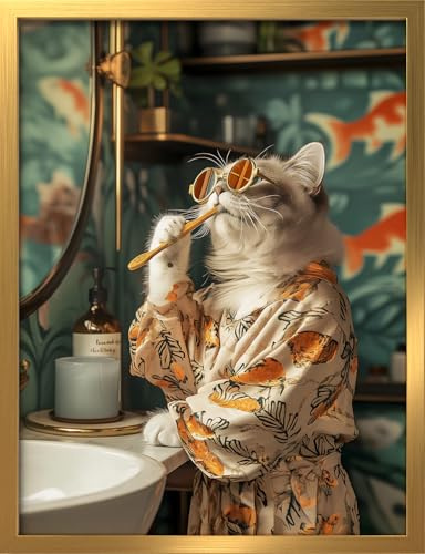 STYLER Bild Kitty II 30x40 cm (AUFHÄNGFERTIG) mit hochwertigem goldenen Rahmen – Lustiges Katzen-Wandbild für Badezimmer und Gäste-WC – Modern Humorvoll Dekorativ Hochwertig