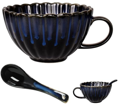 520ml Kaffeetasse Porzellan Kaffeebecher Groß Suppentassen mit Henkel, Cappuccinotasse Kakaobecher Teetasse Keramikbecher, See-Blau Tasse Keramik mit Löffel für Büro und Zuhause