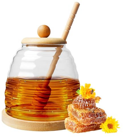 LEKEFETO Pot à miel avec cuillère à miel et couvercle en bois : distributeur de miel en verre de 500 ml, pot à miel, pot à miel, pot à miel, récipient à miel transparent à col large, récipient pour le