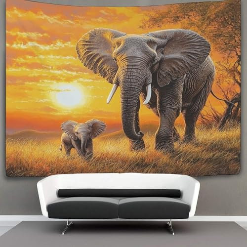OSBELE Bull Elefant with Baby Elefant Wandteppich Wandtuch Wandbehang Tapestry Tapisserie Wanddekoration African Sonneset Wandkunst Wandtücher 180cmx230cm
