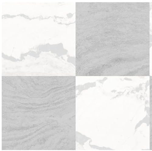 Langley Grey White - Self Adhesive Vinyl Floor Tiles - Peel And Stick Marble Finish - Elegant Contemporary Checkerboard - Kitchen Bath - No Special Tools Needed
