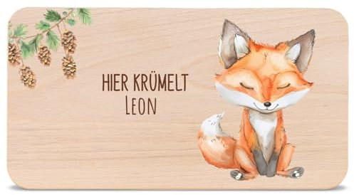 GRAVURZEILE - Bedrucktes Frühstücksbrettchen aus Holz - Hier Krümelt Fuchs - Personalisiert mit Namen - Geschenk für Kinder - Lebensmittelechter, umweltfreundlich Druck (GreenGuard Gold)