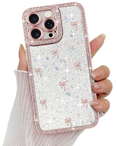 Wirvyuer for iPhone 16 Pro Max Bow Case, Cute 3D Bowknot with Luxury Sparkly Crystal Diamonds Aesthetic Design Phone Case, Clear Shockproof Protective Silicone Phone Case for Women Girls, Pink