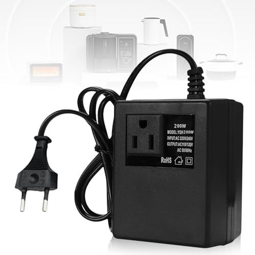 Spannungswandler Transformator 220V auf 110V, 200W Netzadapter Schritt Runter Stromkonverter Reisestromadapter, EU Stecker