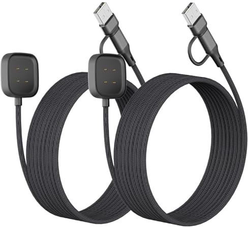 kclkda 2PACK 2 in 1 Charger for Fitbit Versa 3/Versa 4 & Sense/Sense 2 Smartwatch, Fast Charging Cord Replacement USB Charging Cable Cord Magnetic Dock Stand with USB A & Type C Port, 3.3ft/1M (Black)