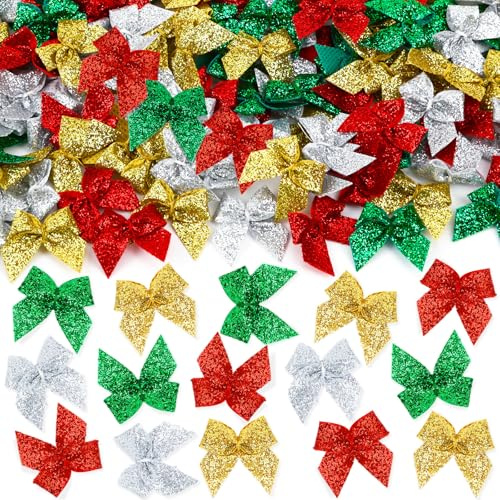 JUNEBRUSHS 180Pcs Christmas Mini Bows, Christmas Glitter Small Xmas Red Green Gold Silver Tiny Bows Holiday Handmade Ribbon Ornaments for DIY Crafts Making Supplies Tree Decoration | Tiny Bows, Xmas Holiday Handmade Ribbon Ornaments, for DIY Crafts Making Supplies Christmas Tree Decoration