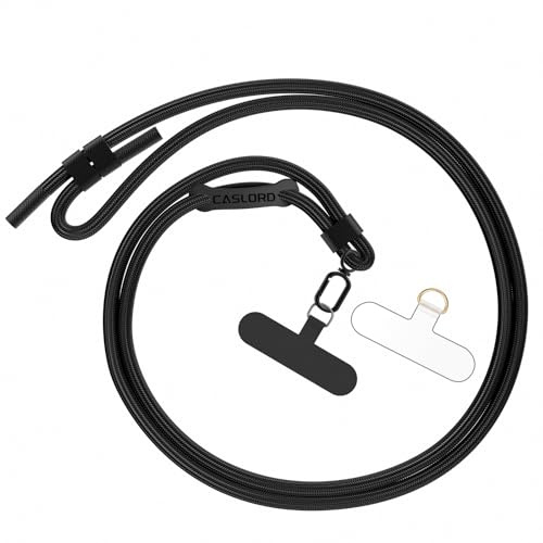 caslord Aktualisierte Handyband Universal, Handy Lanyard mit 2 Stück Universelles Patch mit Hülle kombinierbar, Lanyard Einstellbar und Abnehmbar mit Silikon-Brillenhaken Haken - Schwarz+Schwarz