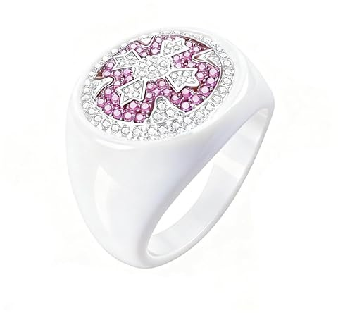 Fengw Bague Chevalière Ronde en Céramique Blanche avec Croix Rose Diamantée Incrustation de Zirconium Étincelant Bijou Luxe pour Femme Taille 64