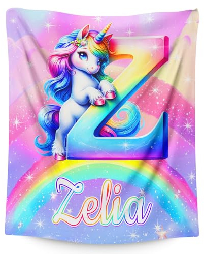 GiftRomance Personalisiertes Decken-Geschenk – Weiche Kuscheldecke mit Einhorn-Motiv und Anfangsbuchstaben, Namensdecke für Mädchen und Kinder