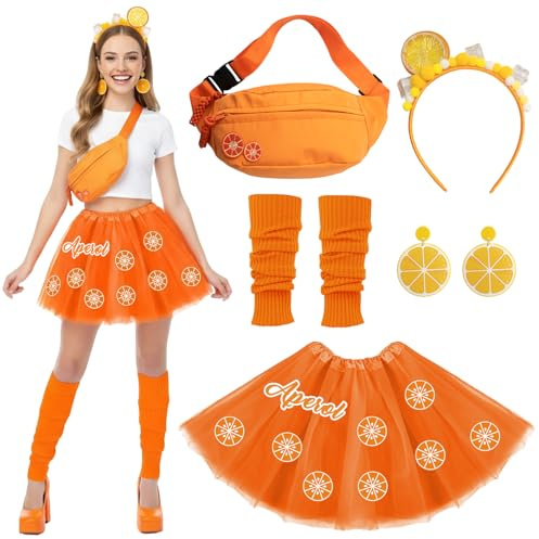 ZJKUBOIS Aperol Kostüm Damen, Aperol Apritz Costume Accessoires - Tüllrock Haarreif Ohrringe Stulpen Umhängetasche Aperol Filzflicken, Aperol Geschenk für Karneval & Fasching