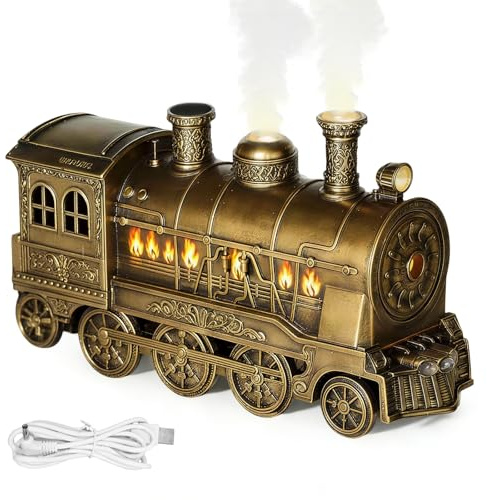 Train Oil Diffuser, Steam Train Humidifier for Essential Oils, 300ML Vintage Quiet Diffusers for Home with LED Light & Dual Mist Modes & Timing Function, Christmas Decor & Gifts ((Gold Copper))