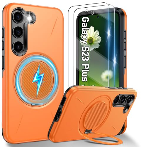 Gritup für Samsung Galaxy S23 Plus Hülle für Magsafe mit 2 Stück HD-Bildschirmschutz, eingebauter Kickstand, Dual Layer Stoßdicht, Kamera Guard,Schutz in Militärqualität for S23 + Plus Case-Orange
