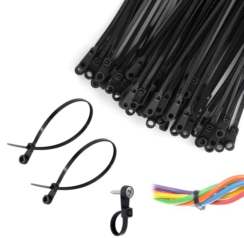 100pcs Black Zip Ties with Screw Mounting Hole, 200mm/7.87in Nylon Universal Cable Wraps Tie Buckle Mountable Head for Wall Wire Fixion Management Tools Indoor & Outdoor Use