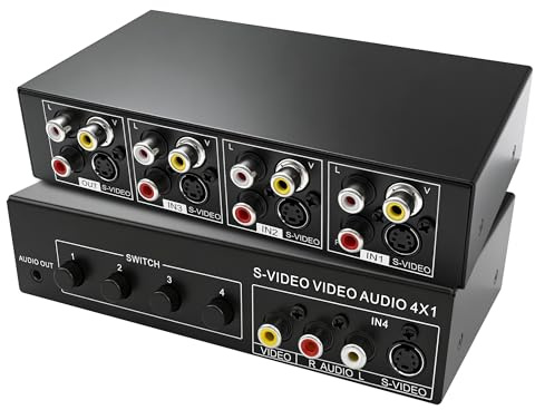 S-Video + AV RCA Schalter 4 in 1 Out Composite Video L/R Stereo Konverter | 3,5 mm Jack Ausgang 4-Way S-Video SVHS + AV L / R Switcher Selector Box für PC Laptop HDTV DVD STB VHS VCR Kamera