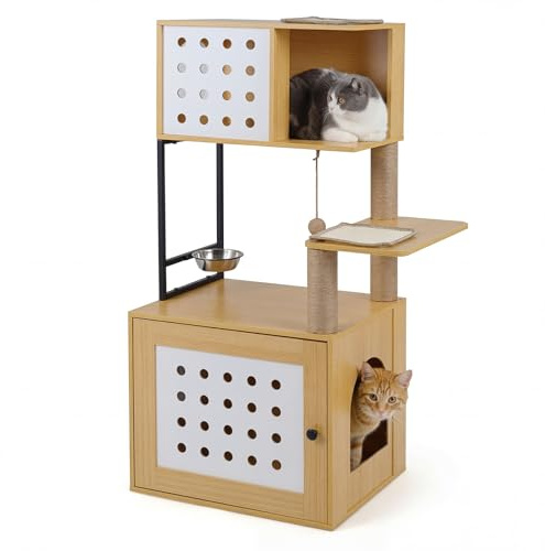 FANTASK mehrstöckiger Kratzbaum, Katzenschrank Holz mit mit Futterstation, Sisalpfosten, Kratzmatten & Eingang, Katzenhaus mit Katzenklo Schrank für Katzentoilette, Katzenkratzbaum (Natur)